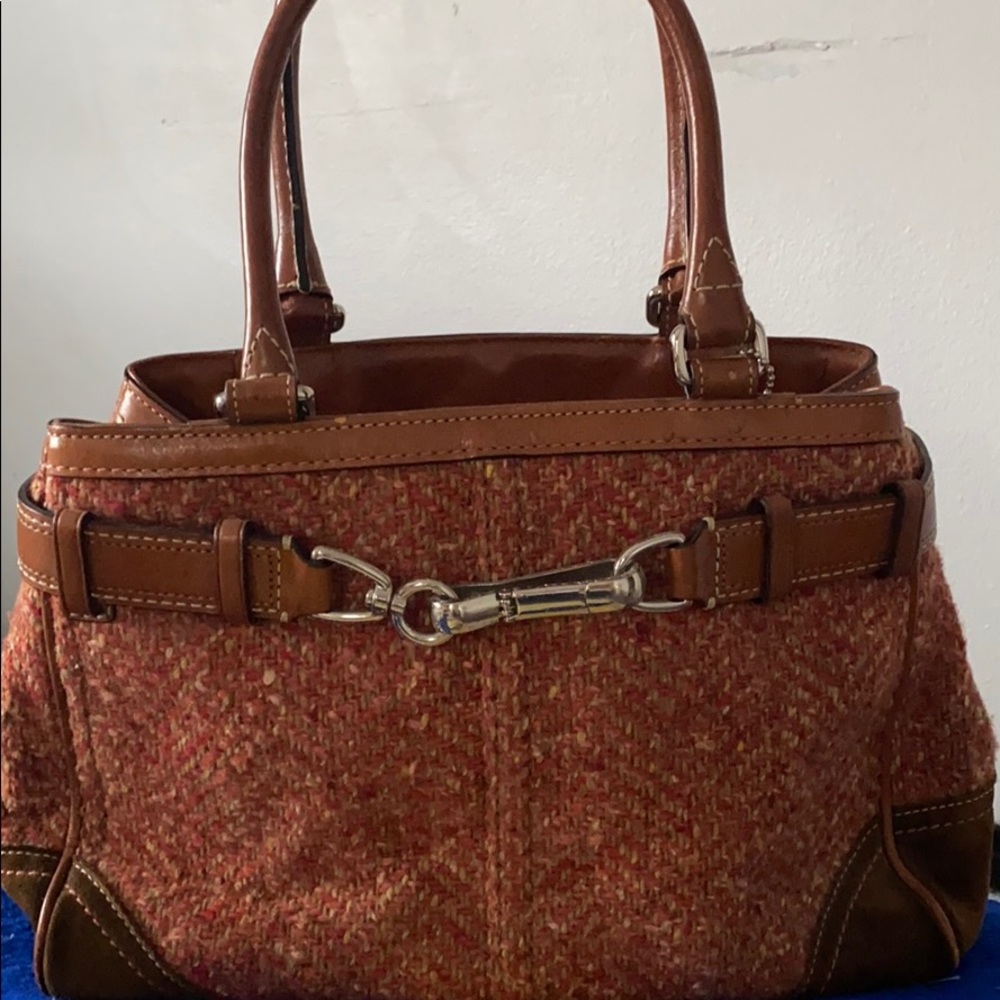 Coach Hampton Herringbone Purse Tweed Leather Suede F0771-511215 Coral Brown